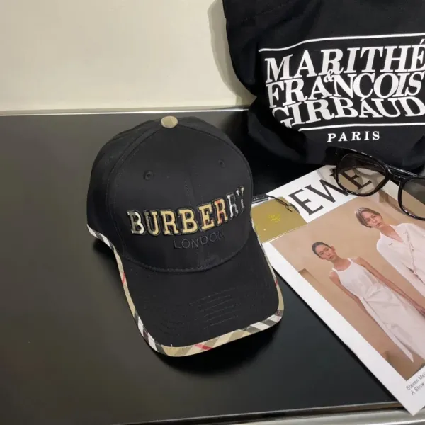 Burberry Logo Embroidered Baseball Cap Black with Vintage Check Brim - 1