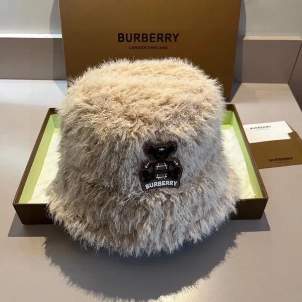 Burberry Teddy Bear Logo Faux Fur Bucket Hat Beige - 1
