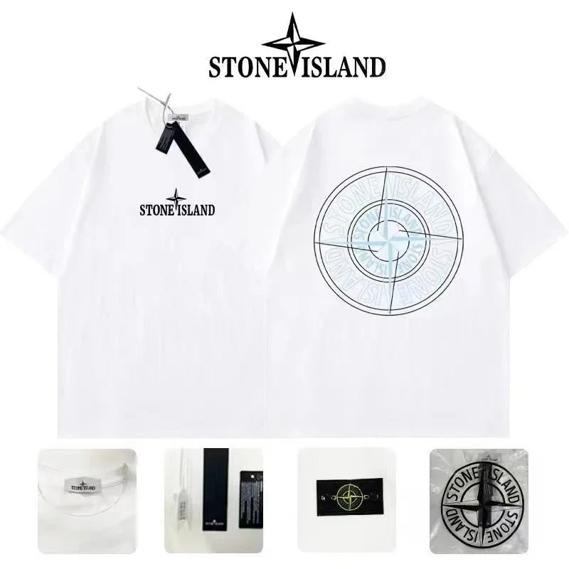 Stone Island T-Shirts Short-Sleeve Crewneck T-Shirt with Compass Sleeve Patch — Style 2-White 1