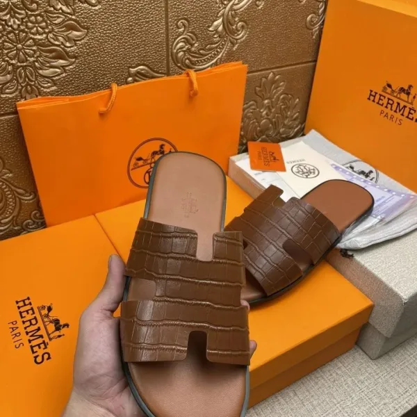 Hermès Oran Sandals Cognac Crocodile-Embossed Leather Slippers - 1