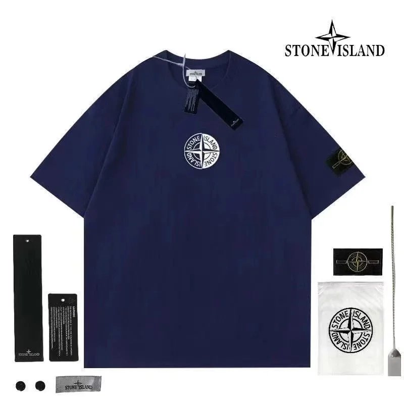 Stone Island T-Shirts Short-Sleeve Crewneck T-Shirt with Compass Sleeve Patch — Style 3-Navy Blue