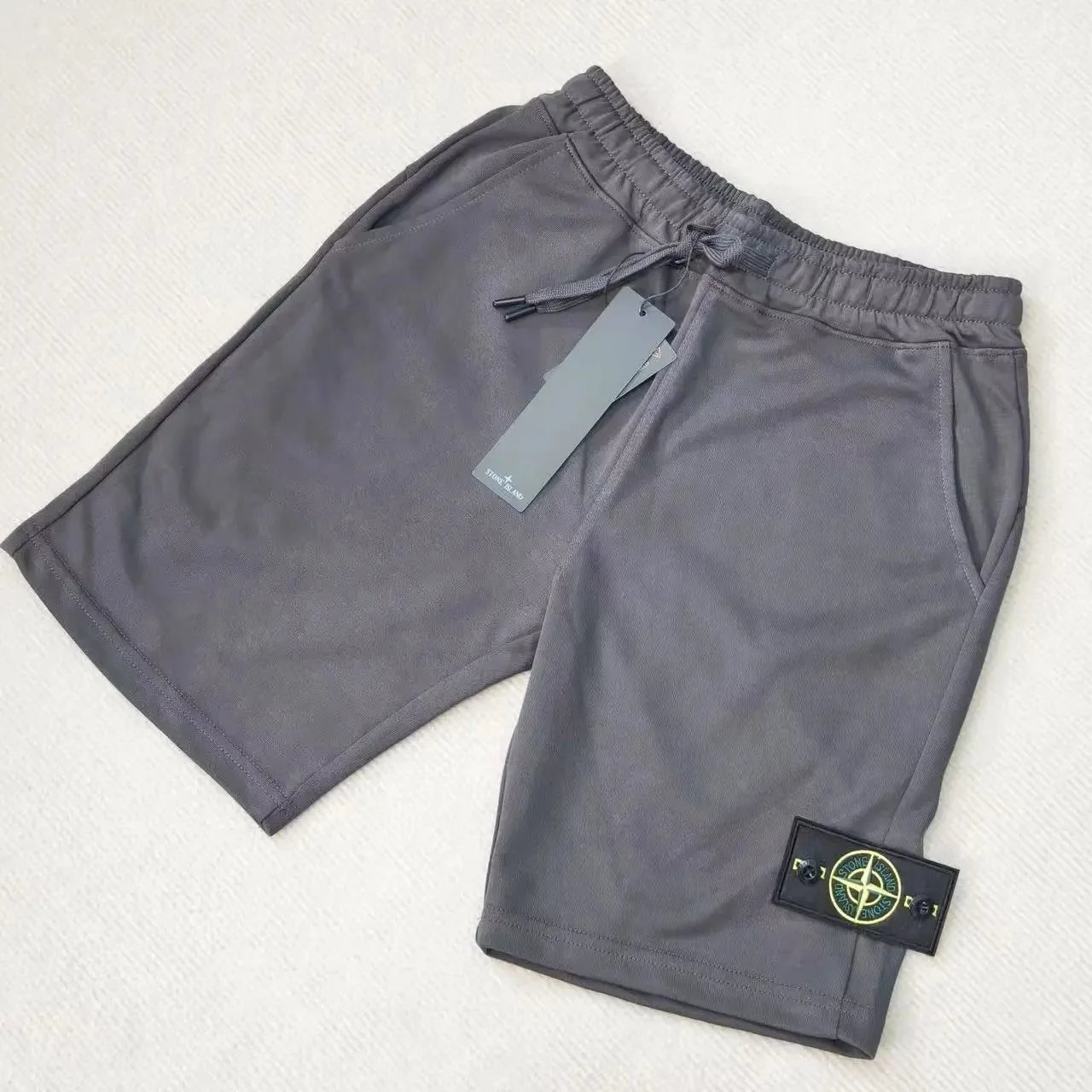 Stone Island T-Shirts Short-Sleeve Crewneck T-Shirt with Compass Sleeve Patch — Shorts-Dark Gray