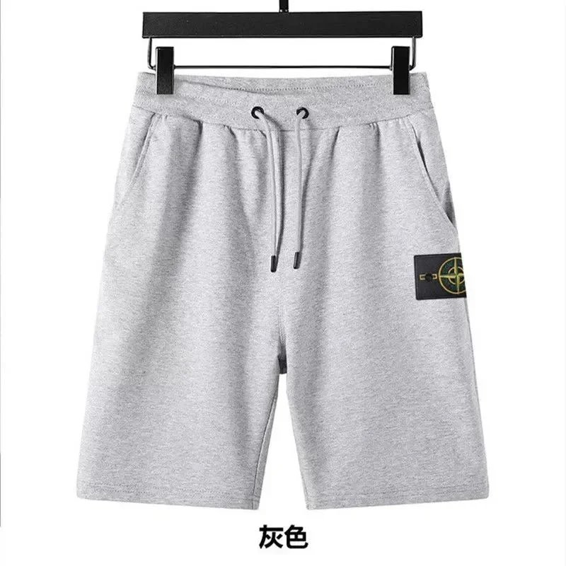 Stone Island T-Shirts Short-Sleeve Crewneck T-Shirt with Compass Sleeve Patch — Shorts/Gray