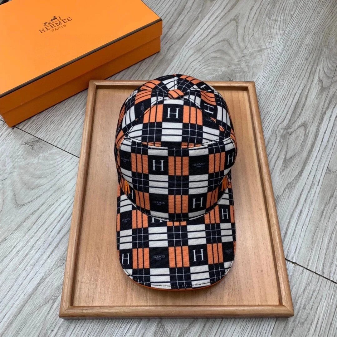 Hermès Checkered H-Logo Baseball Cap Orange Black White