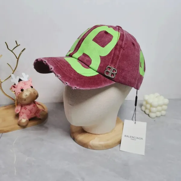 Balenciaga BB Logo Distressed Velvet Baseball Cap Burgundy with Neon Green - 1