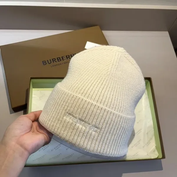 Burberry Embroidered Logo Beanie Cream Knit Hat - 1