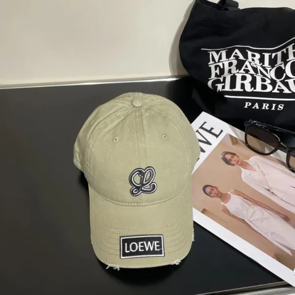 Loewe Logo Embroidered Distressed Baseball Cap Olive Green - 1