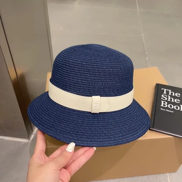 Hermès Wide-Brimmed Straw Hat Navy with Cream Leather Band - 1