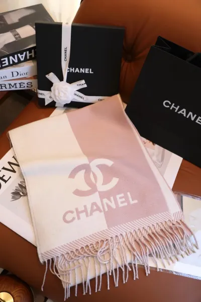 Chanel Logo Scarf Pink and Cream Cashmere Scarf - 1