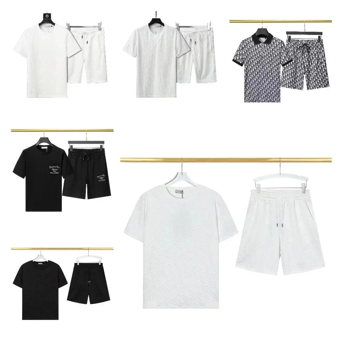 Men's Embossed T-Shirt & Shorts Sets in White and Black