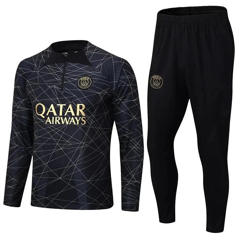 Paris Saint-Germain Tracksuits Long-Sleeve Half-Zip Football Training Set — Paris black striped style
