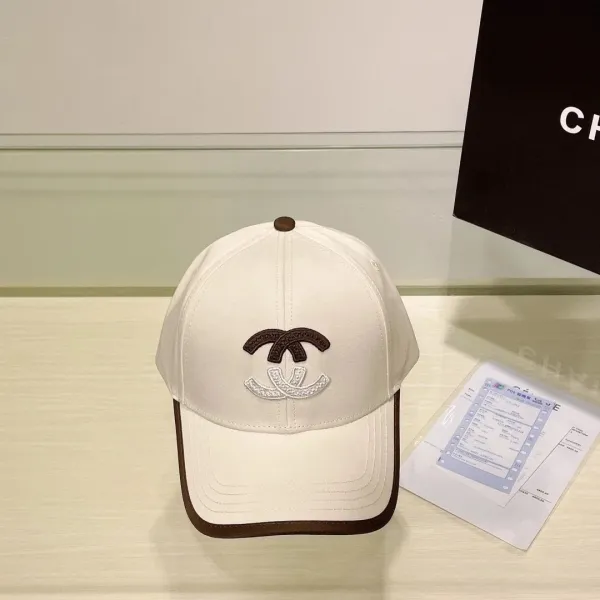 Chanel CC Logo Embroidered White Baseball Cap with Brown Trim - 1