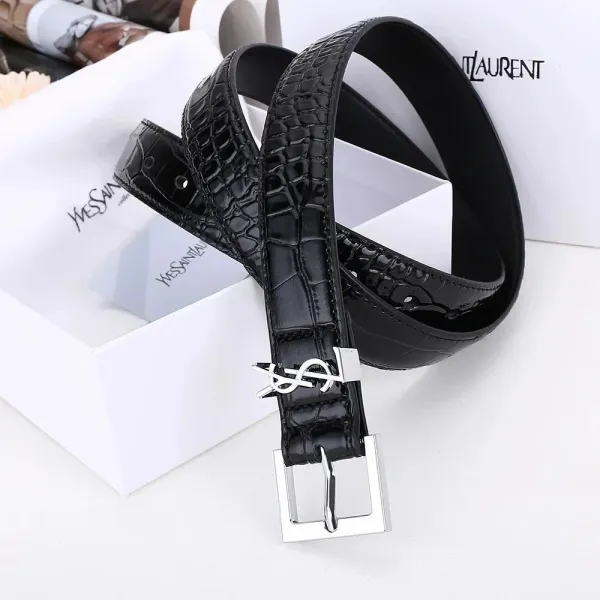 Saint Laurent Monogram Croc-Embossed Black Leather Belt with Gold-Tone YSL Buckle - 6