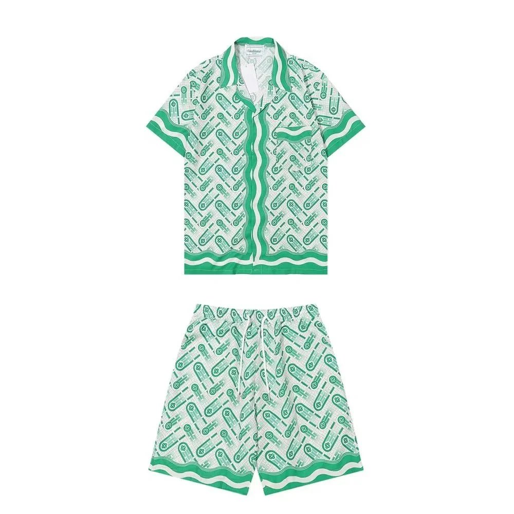Casablanca Matching Sets Short-sleeve printed shirt and shorts set with wavy trim — 1