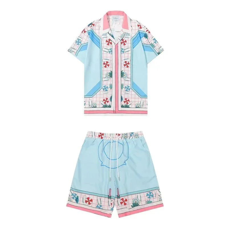 Casablanca Matching Sets Short-sleeve printed shirt and shorts set with wavy trim — 10