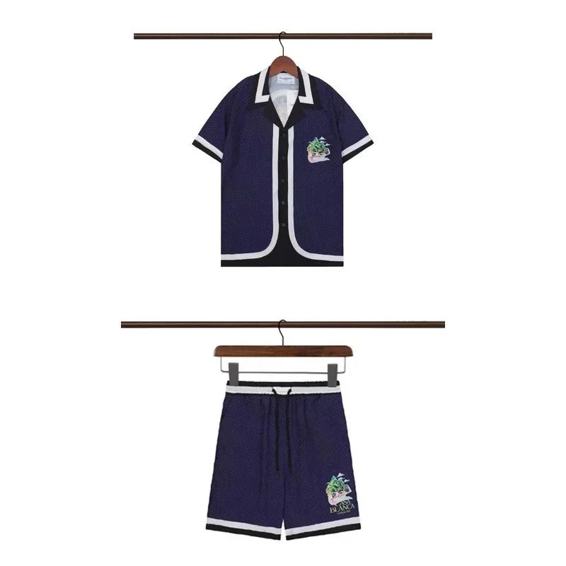 Casablanca Matching Sets Short-sleeve printed shirt and shorts set with wavy trim — 13