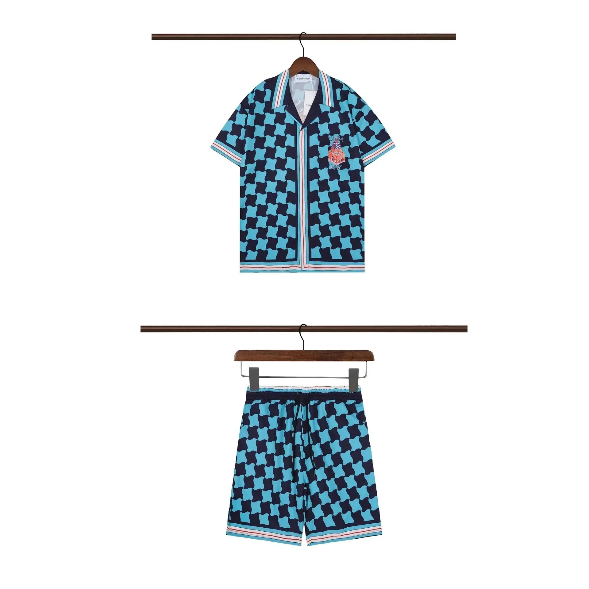 Casablanca Matching Sets Short-sleeve printed shirt and shorts set with wavy trim — 14