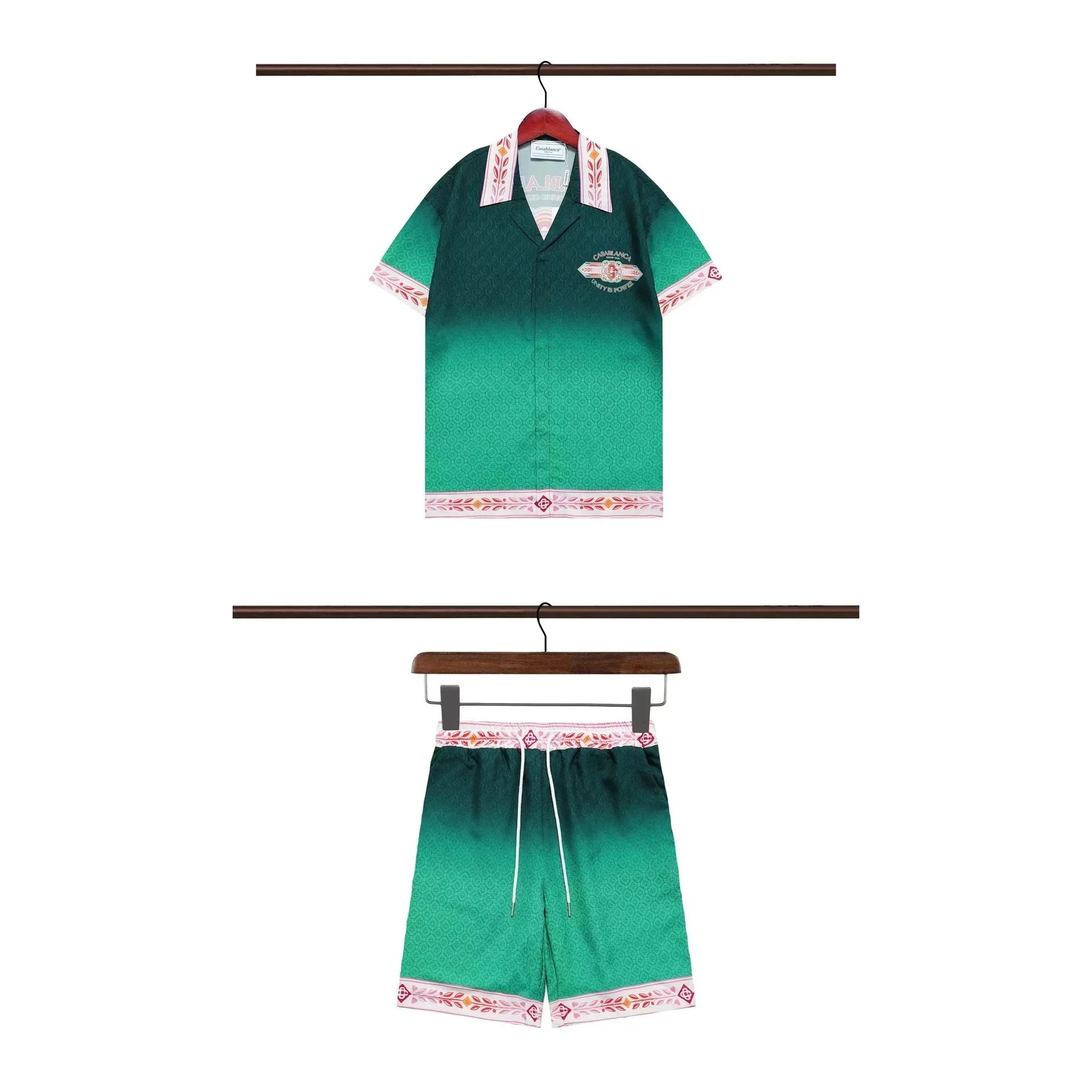 Casablanca Matching Sets Short-sleeve printed shirt and shorts set with wavy trim — 19