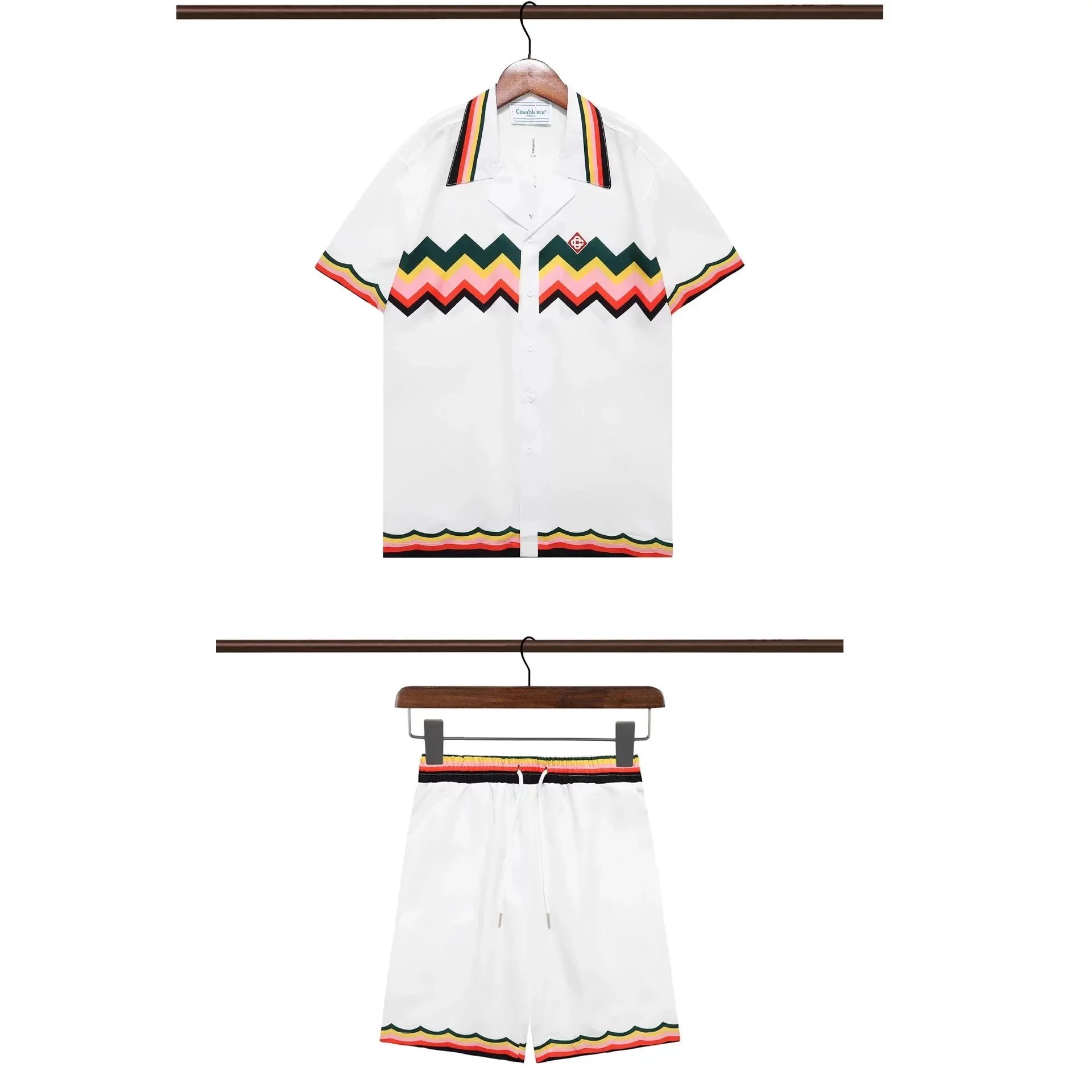 Casablanca Matching Sets Short-sleeve printed shirt and shorts set with wavy trim — 23