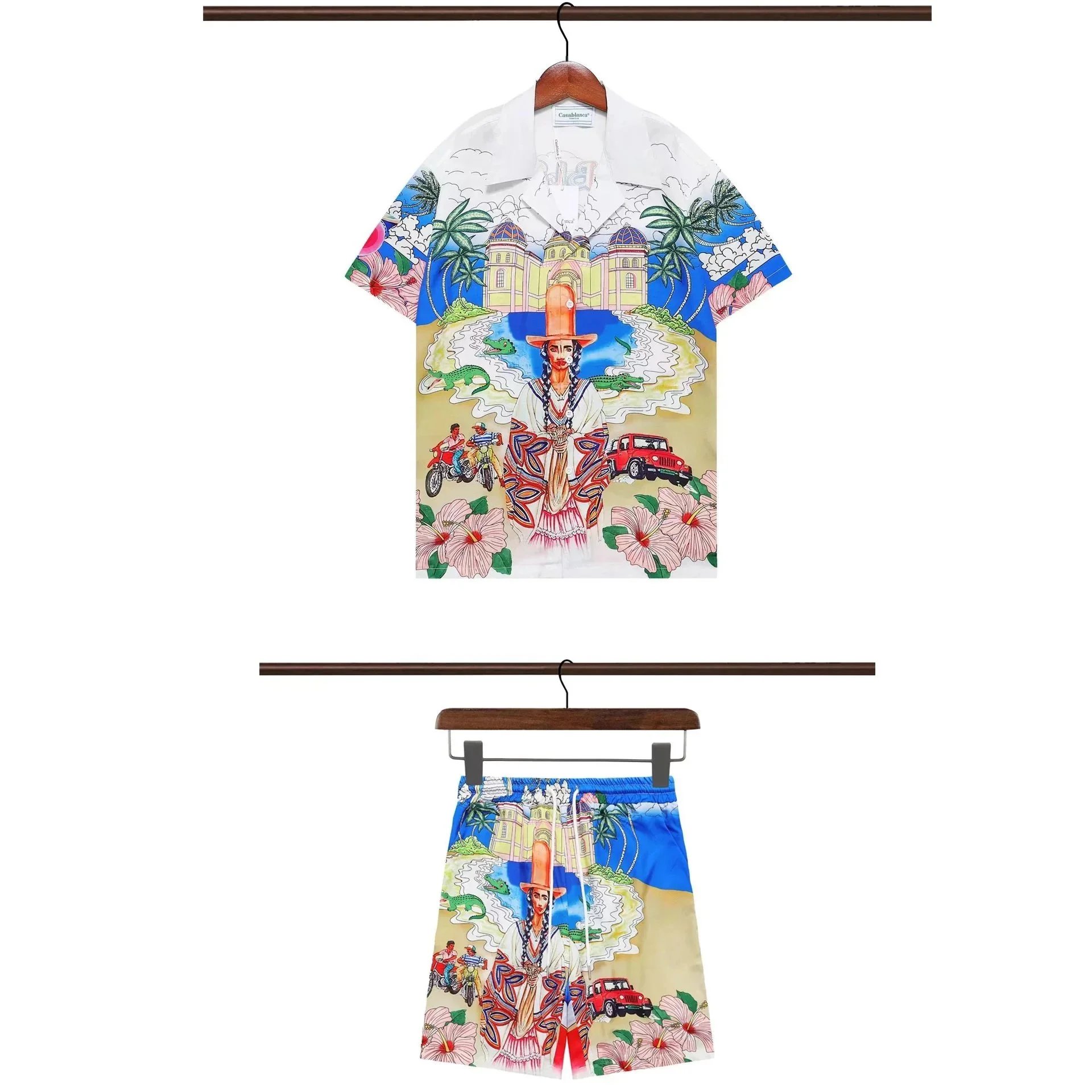Casablanca Matching Sets Short-sleeve printed shirt and shorts set with wavy trim — 27