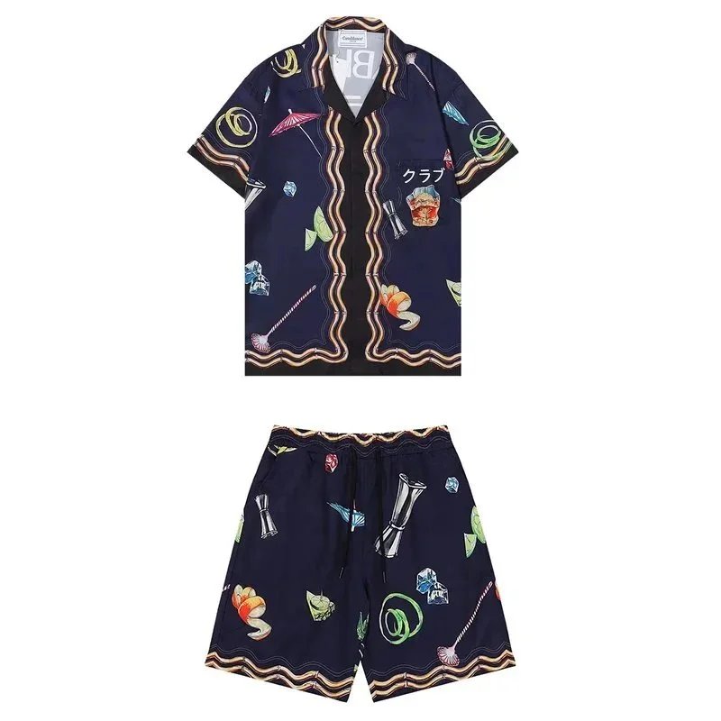 Casablanca Matching Sets Short-sleeve printed shirt and shorts set with wavy trim — 11