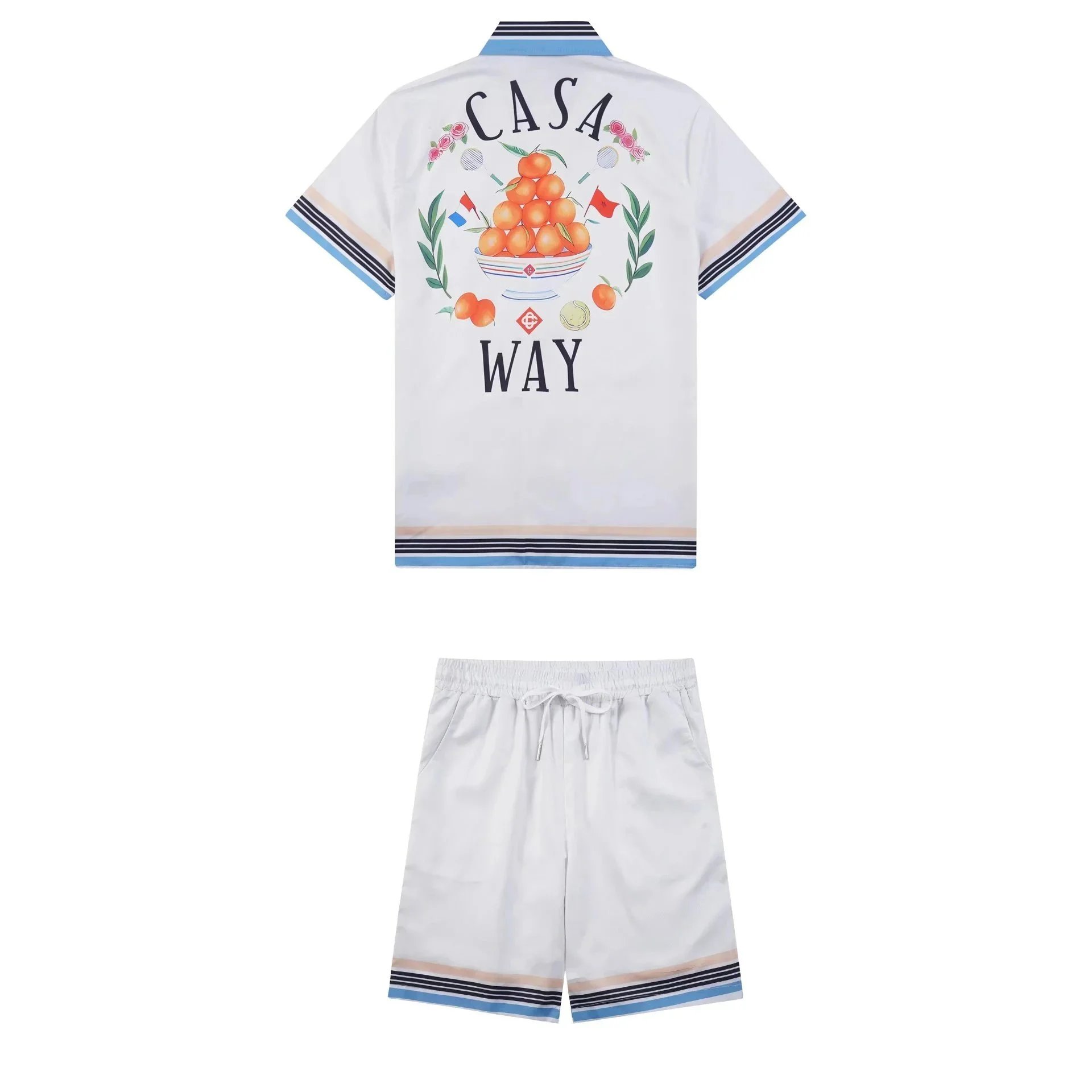 Casablanca Matching Sets Short-sleeve printed shirt and shorts set with wavy trim — 31