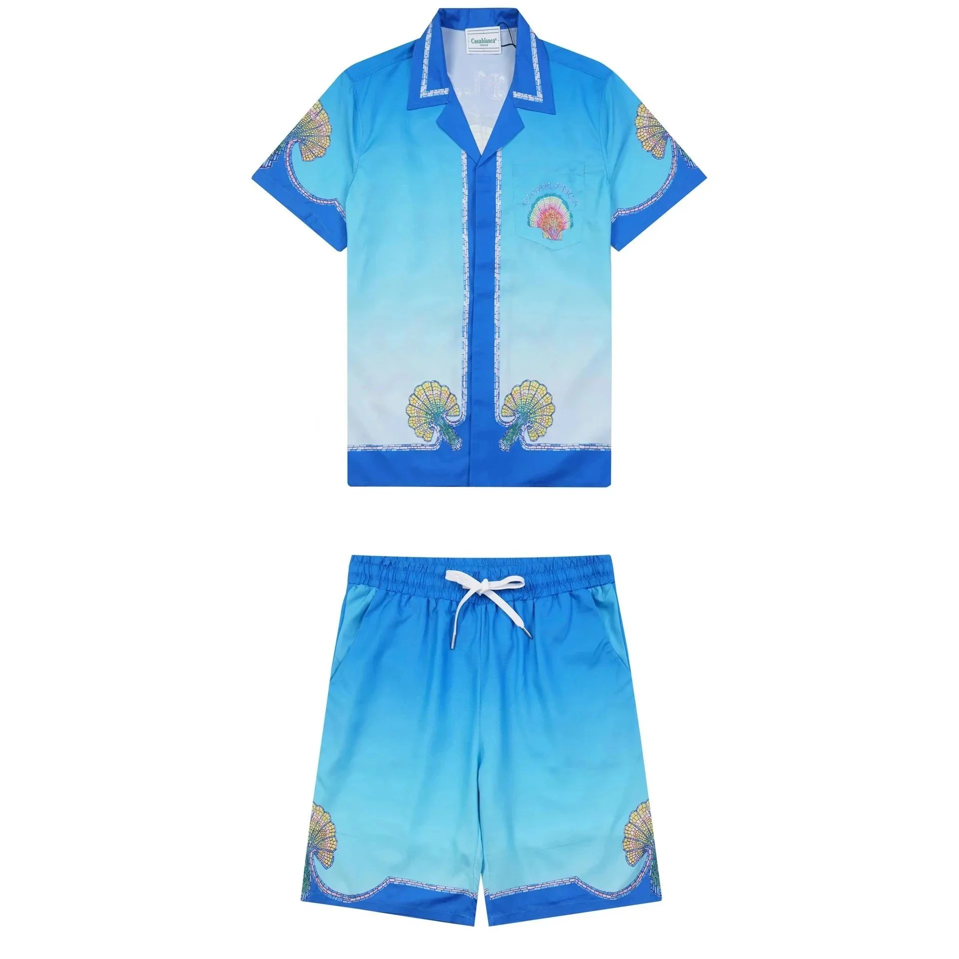 Casablanca Matching Sets Short-sleeve printed shirt and shorts set with wavy trim — 21