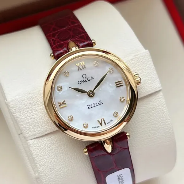 Omega De Ville Prestige Mother-of-Pearl Dial Burgundy Alligator Strap Watch - 1
