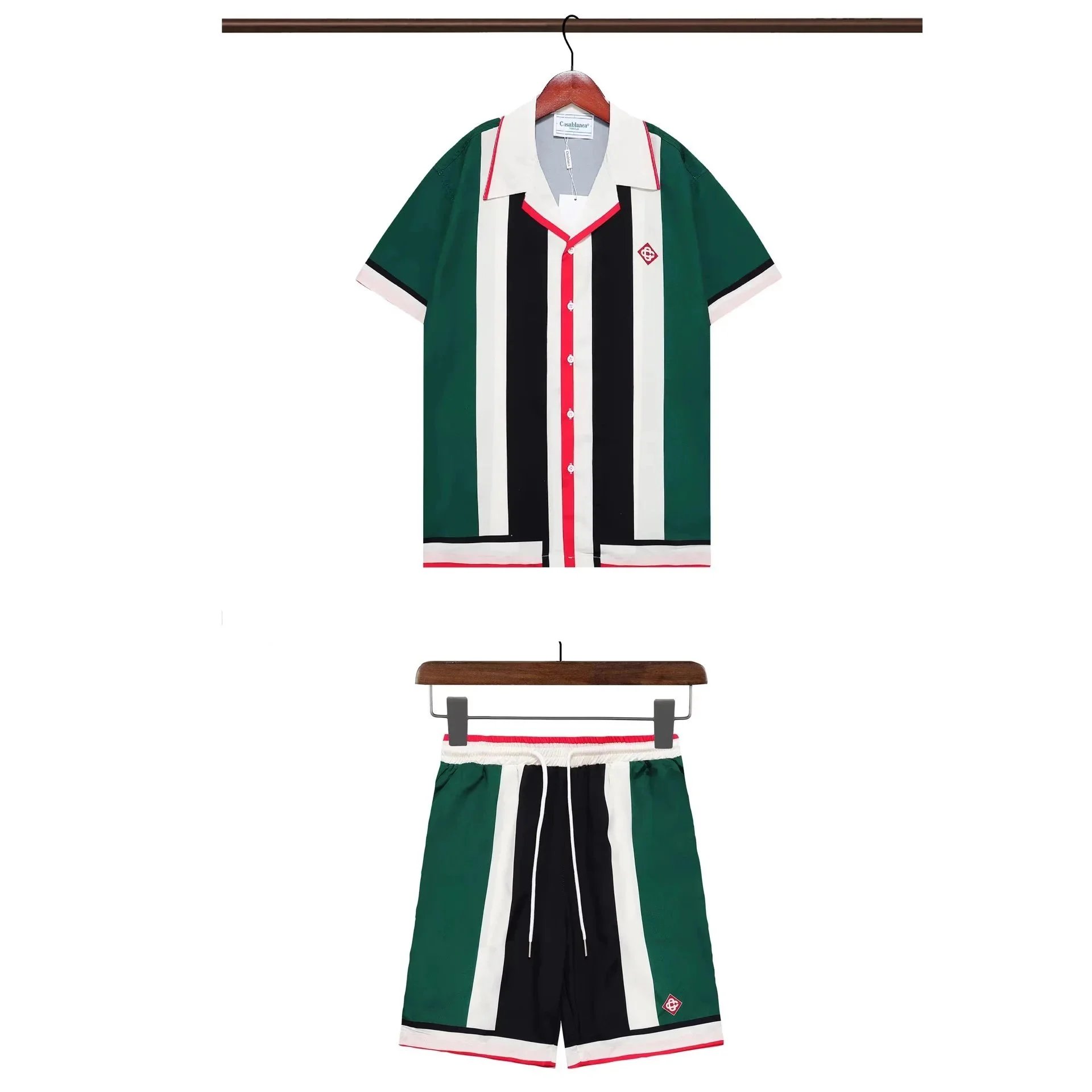 Casablanca Matching Sets Short-sleeve printed shirt and shorts set with wavy trim — 25