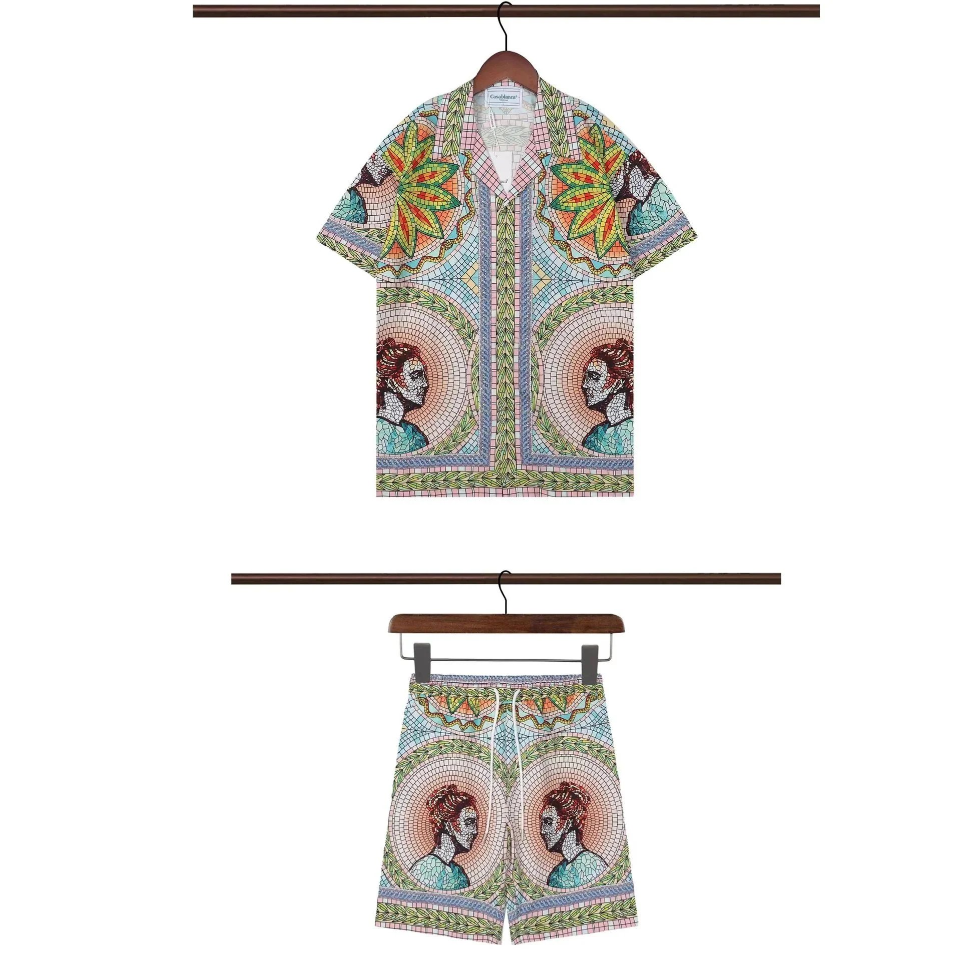 Casablanca Matching Sets Short-sleeve printed shirt and shorts set with wavy trim — 28