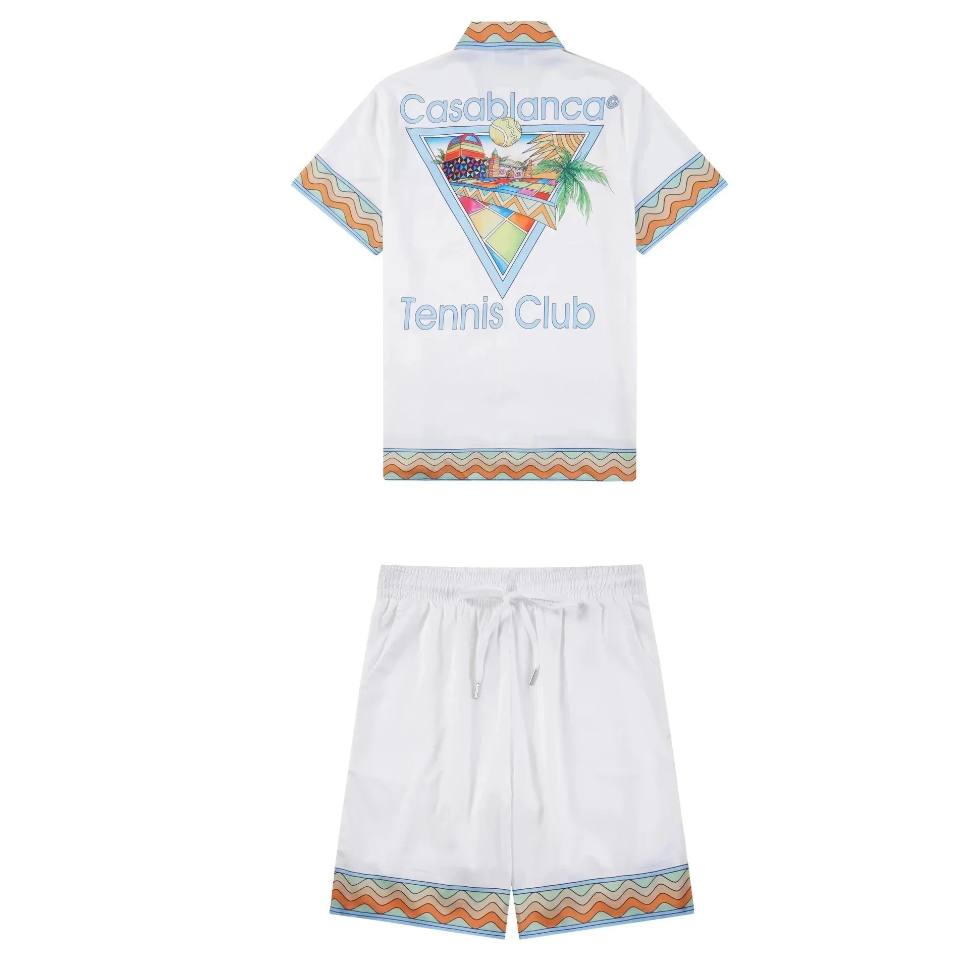 Casablanca Matching Sets Short-sleeve printed shirt and shorts set with wavy trim — 33