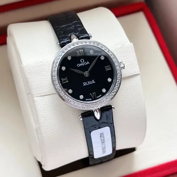 Omega De Ville Prestige Black Dial Diamond Bezel Leather Strap Watch - 1