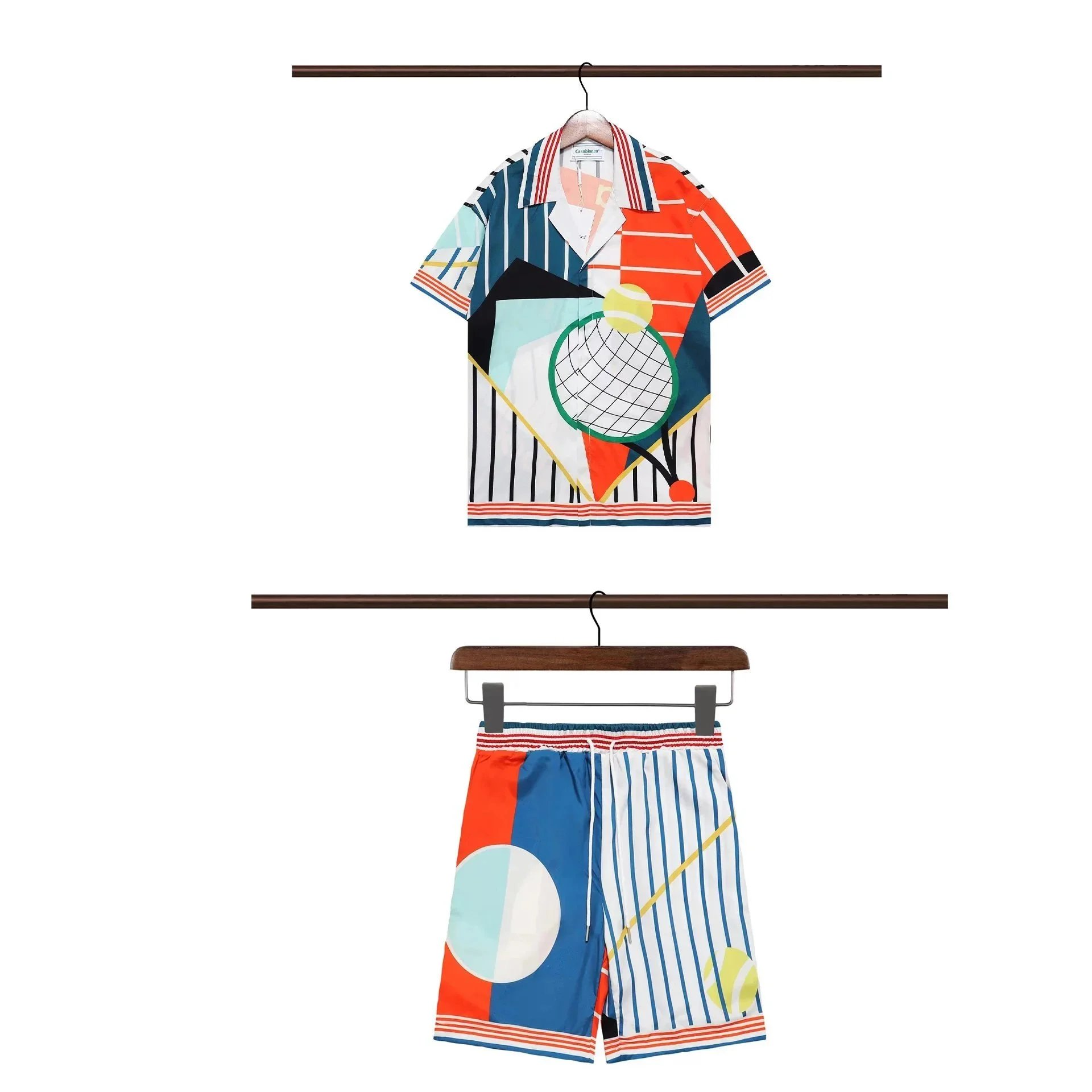 Casablanca Matching Sets Short-sleeve printed shirt and shorts set with wavy trim — 24