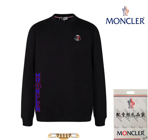 Moncler Logo-Embroidered Black Sweatshirt with Vertical Sleeve Print - 1