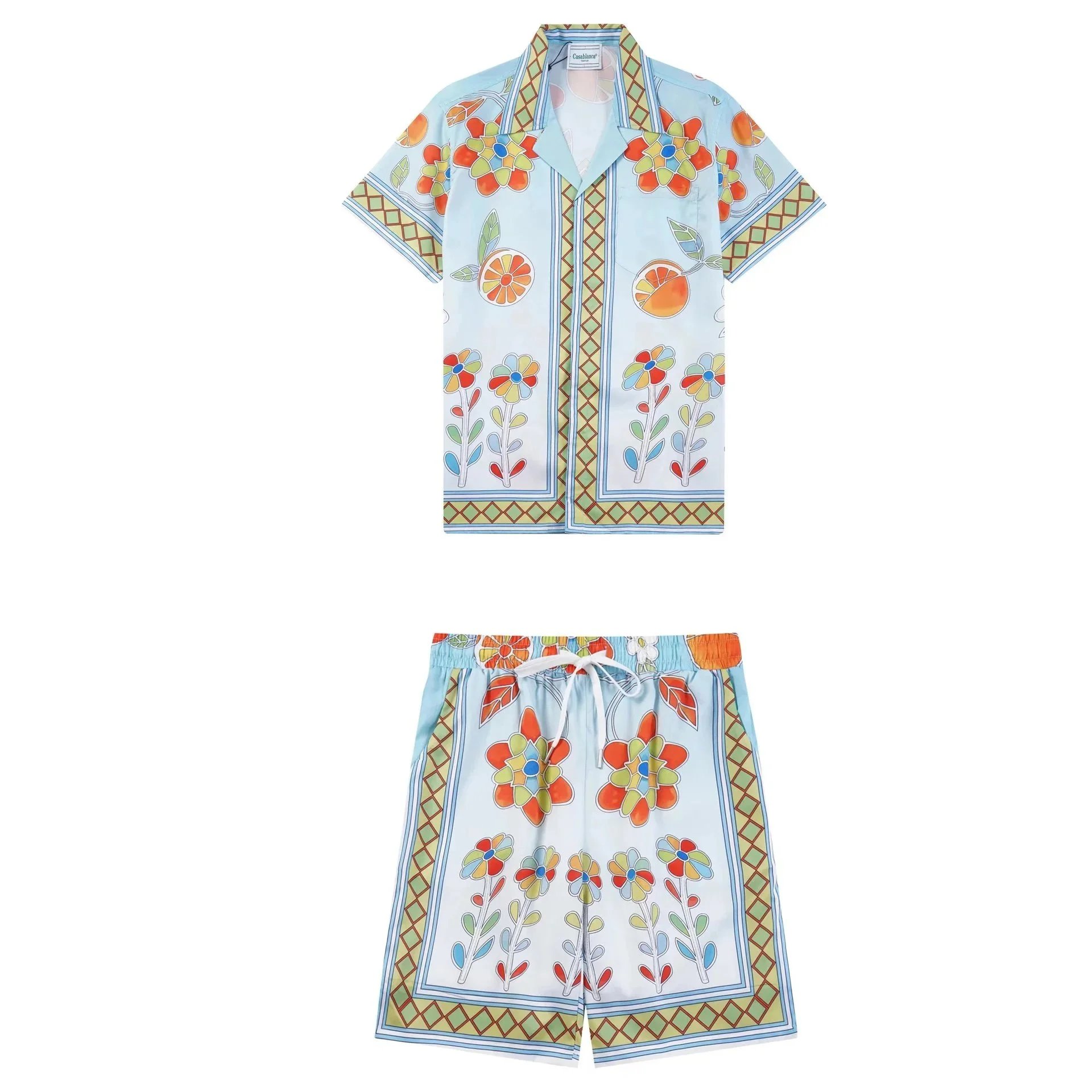 Casablanca Matching Sets Short-sleeve printed shirt and shorts set with wavy trim — 32