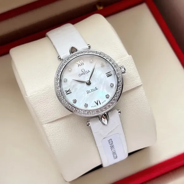 Omega De Ville Prestige Mother-of-Pearl Dial White Leather Strap Watch - 1