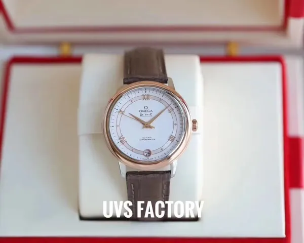 Omega De Ville Co-Axial Chronometer Rose Gold White Dial Brown Leather Watch - 1