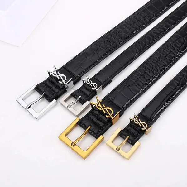 Saint Laurent Monogram Croc-Embossed Black Leather Belt with Gold-Tone YSL Buckle - 2