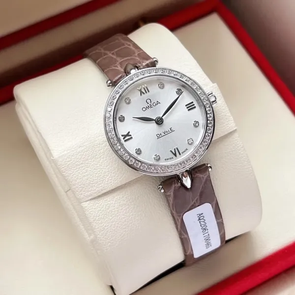 Omega De Ville Prestige Diamond Bezel Silver Dial Brown Alligator Strap Watch - 1