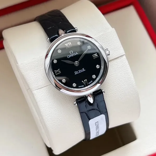 Omega De Ville Black Dial Diamond Hour Markers Leather Strap Watch - 1