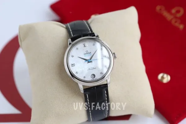 Omega De Ville Prestige Co-Axial Chronometer White Mother-of-Pearl Dial Black Leather Strap Mechanical Watch - 1