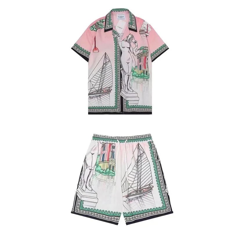 Casablanca Matching Sets Short-sleeve printed shirt and shorts set with wavy trim — 9