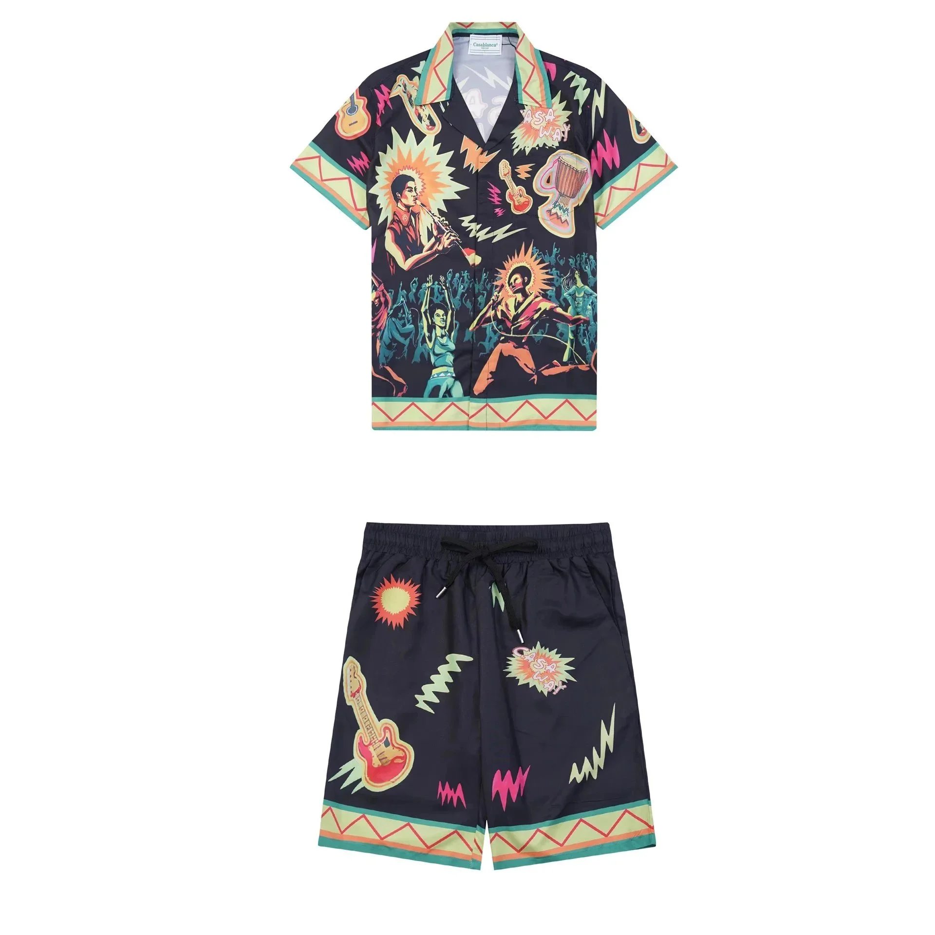 Casablanca Matching Sets Short-sleeve printed shirt and shorts set with wavy trim — 34