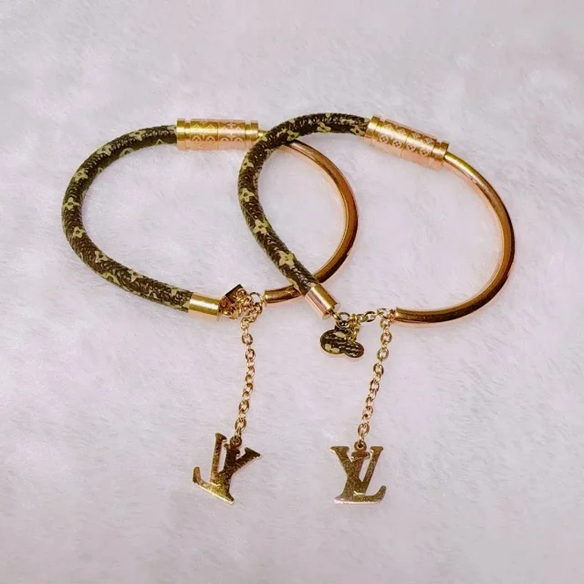 Louis Vuitton Jewelry Monogram Leather and Metal Bracelet with Logo Charm product detail image 1