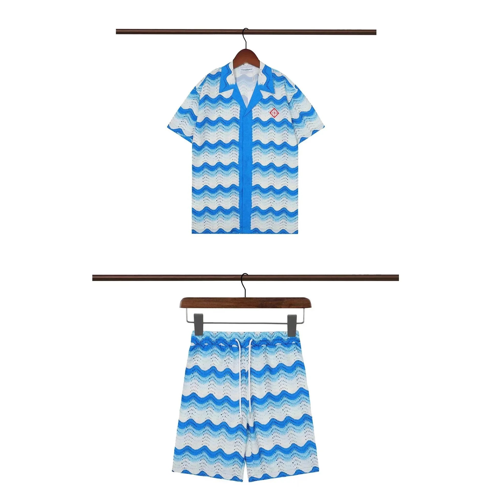 Casablanca Matching Sets Short-sleeve printed shirt and shorts set with wavy trim — 15