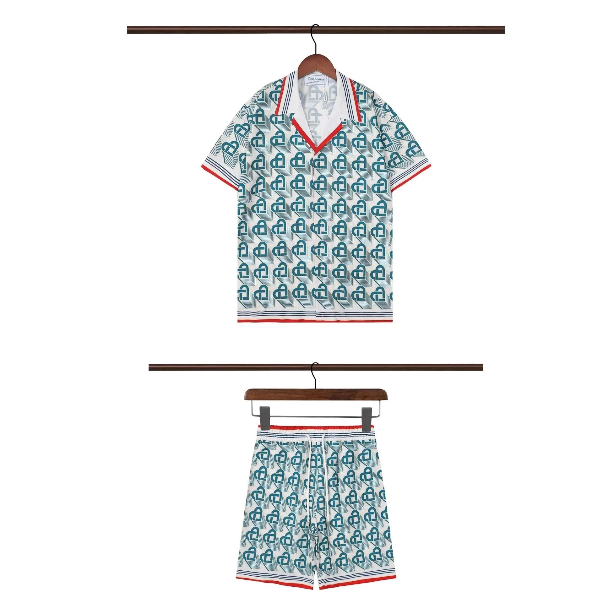 Casablanca Matching Sets Short-sleeve printed shirt and shorts set with wavy trim — 17