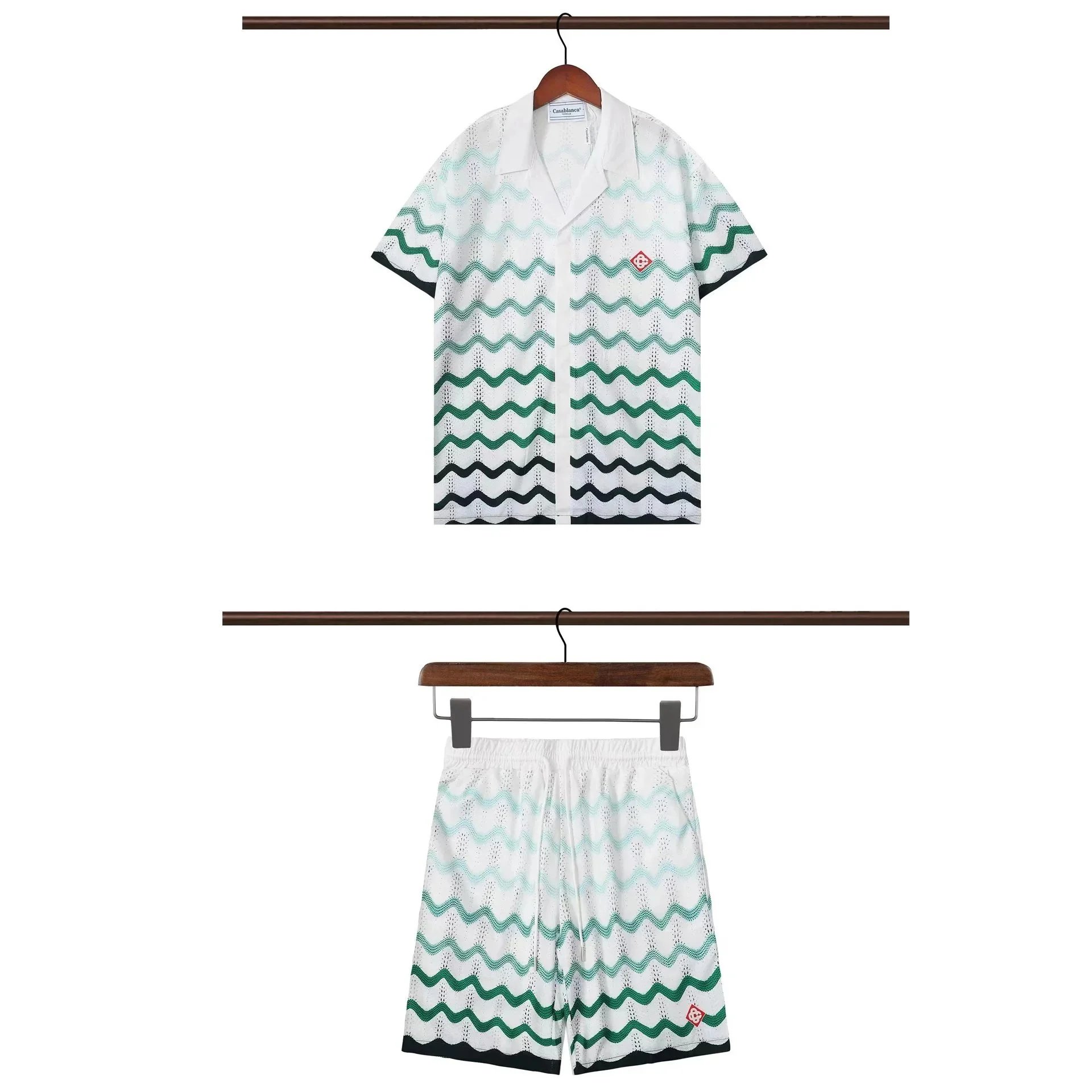 Casablanca Matching Sets Short-sleeve printed shirt and shorts set with wavy trim — 18