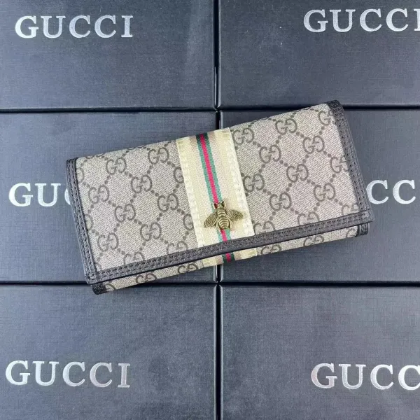 Gucci GG Marmont Bee Stripe Long Wallet Beige Canvas - 1