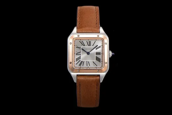 Cartier Santos-Dumont Rose Gold and Steel Watch with Brown Leather Strap - 1