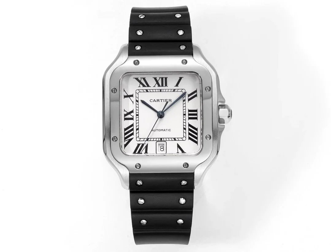 Cartier Santos de Cartier Automatic White Dial Black Rubber Strap Mechanical Watch - 1